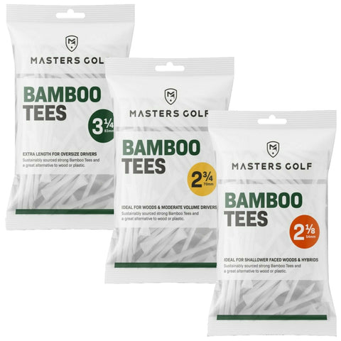 Three packages of bamboo golf tees are displayed with varying lengths of 3¼ inches 2¾ inches and 2⅛ inches indicating their use for different types of golf clubs and promoting sustainability.