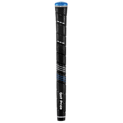 A black golf club grip with textured surface design supports golfers in maintaining a solid hold while playing in various outdoor environments featuring the brand name Golf Pride and blue accents