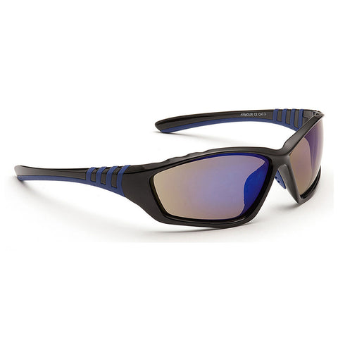 Stylish sunglasses feature a black frame with blue accents and dark tinted lenses reflecting light, designed for outdoor activities, displayed on a plain white background.