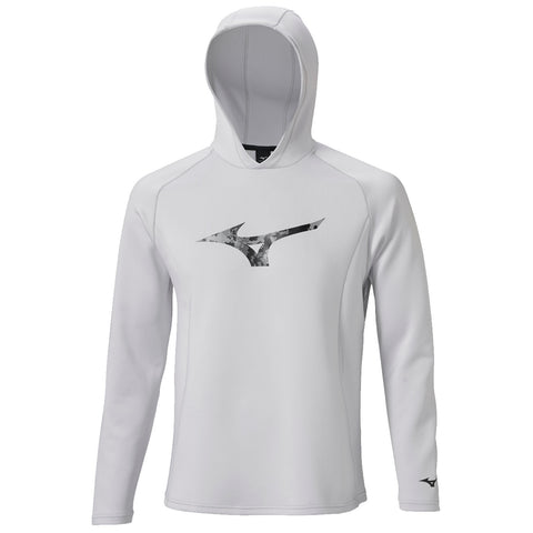 A long-sleeved hoodie is displayed upright showing a white fabric with a large abstract logo in dark shades on the front the hood is attached and seamless.