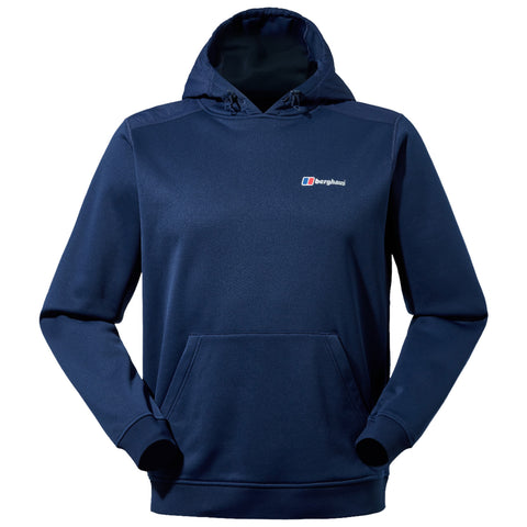 A navy blue hoodie with long sleeves features a front pocket and an attached hood. The garment is displayed against a plain background, emphasizing its casual design.