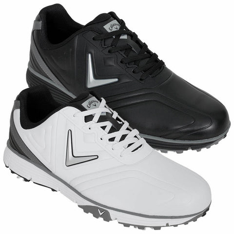 Two pairs of golf shoes are displayed side by side one in black with black laces and one in white with gray accents both designed for traction and comfort on the course.