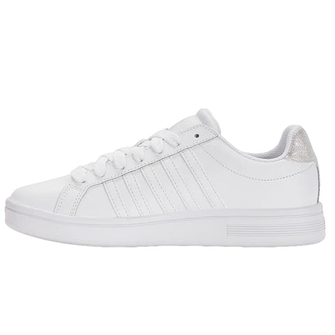 A white sneaker is displayed with laces and a slight shimmer on the heel side showcasing a sleek design suitable for casual wear or sports activities.