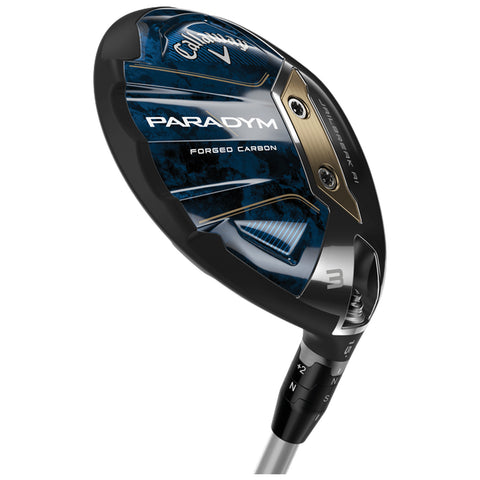 A golf club head features a sleek blue and black design with metallic accents and engraved markings indicating "PARADYM" and "FORGED CARBON" positioned on a white background, intended for use in the sport of golf.