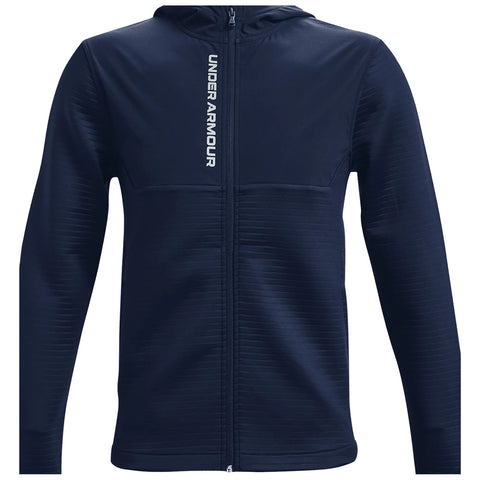 A dark navy hooded sweatshirt features a full front zipper and textured fabric panels with "UNDER ARMOUR" logo displayed vertically along the left side of the chest.