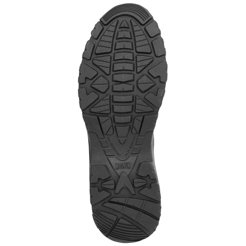 A black shoe sole features a rugged tread pattern designed for traction on various surfaces showcasing detailed grooves and a central logo indicating the brand Magnum