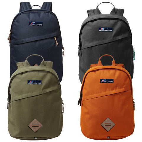 Four backpacks are displayed in various colors including navy blue olive green charcoal gray and bright orange showcasing each bag's zippers straps and branding in a simple arrangement