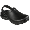 A black clog shoe is pictured resting on a flat surface featuring a back strap for secure fit smooth glossy finish and a textured sole for traction in casual or work environments