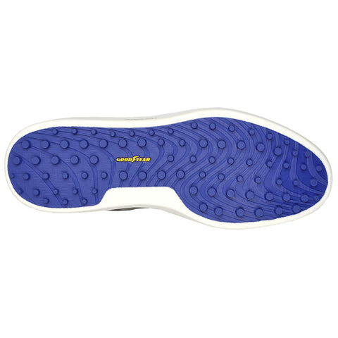 A shoe sole is shown with a wavy pattern and circular grip points the sole is designed for traction on surfaces the color is primarily blue with white edges and features a logo in yellow.