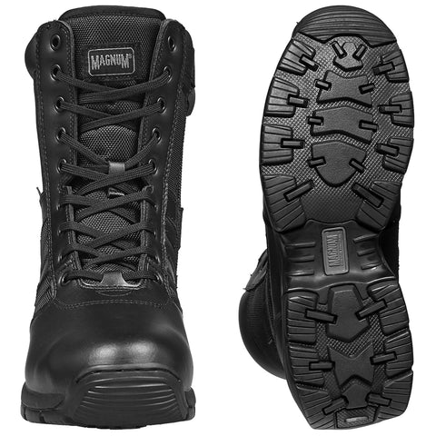 Black tactical boots are displayed upright with laces tightly secured showcasing their rugged design and textured sole for grip suitable for various outdoor activities and environments