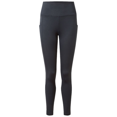 Black leggings are displayed upright showcasing a high waistband and side pockets designed for comfort and utility in active wear or casual settings.