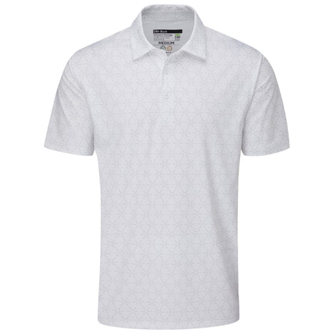 A light-colored polo shirt is displayed hanging straight, featuring a subtle geometric pattern with triangular shapes, designed for casual wear. The shirt has a collar and three buttons visible.