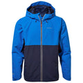 A blue and navy jacket features a zip closure and a hood. It is designed for outdoor activities, showcasing a blend of functionality and style suitable for various weather conditions.