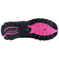 A shoe sole is displayed featuring a black rubber base and bright pink traction patterns with a central hole visible designed for grip and stability on various surfaces.