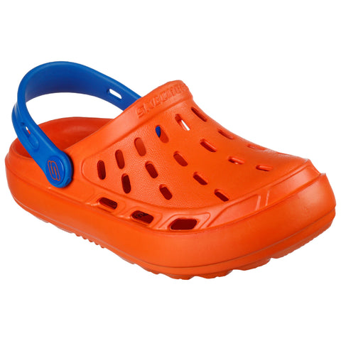 A bright orange clog with ventilation holes is positioned on a white background showcasing its lightweight design and blue strap for secure wear suitable for casual or outdoor settings.