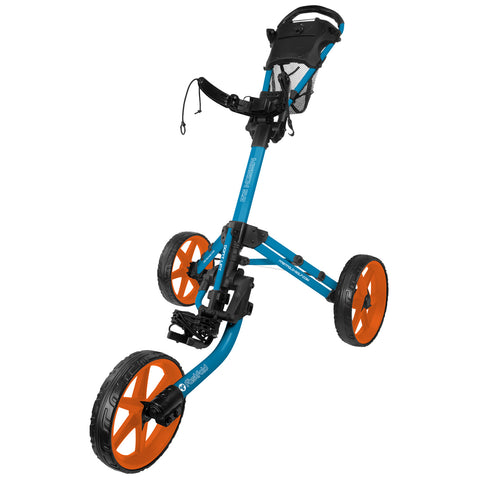 A blue and orange golf push cart stands upright with three wheels and a handle. It is designed for transporting golf clubs across the course, facilitating easy mobility for the player.