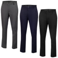 Three pairs of golf pants in gray, navy, and black are displayed side by side with a logo visible on the waistbands showcasing a clean and modern design suitable for sports or casual wear.