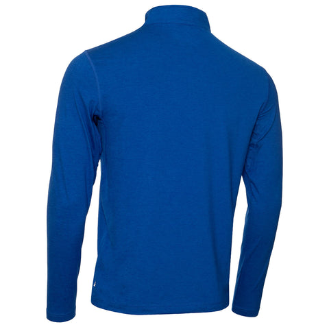 A blue long-sleeve shirt is displayed with a high collar and a smooth texture featuring no visible logos or patterns emphasizing a simple and clean design.