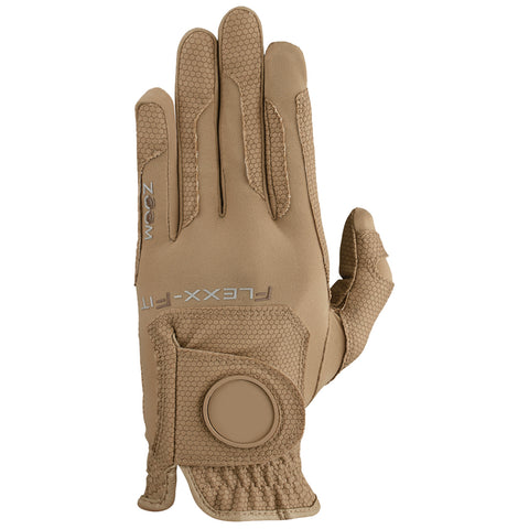 A tan tactical glove is displayed with fingers extended and a textured palm. It features a loop closure with a round fastener on the wrist area for secure fitting.