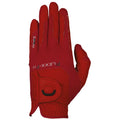 A red glove is positioned with the palm facing forward featuring a textured grip an adjustable strap and the words FLEX-FIT printed on it in a sporty style