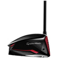 A black golf club head with a sleek design featuring red accents is positioned at an angle showcasing its aerodynamic shape and branding prominently displayed on the side.