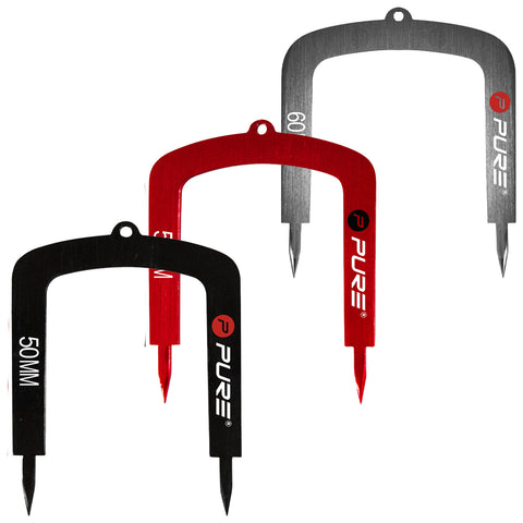 Three measuring tools in a U-shape are arranged vertically. Each tool features a pointed end and a numeric scale, denoting different lengths, in black and red colors with the brand PUR.