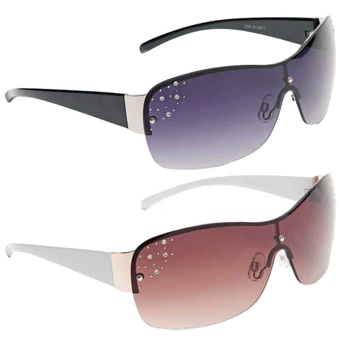 Sunglasses are displayed side by side showcasing two styles one features dark gradient lenses with decorative stones while the other has light gradient lenses with similar embellishments