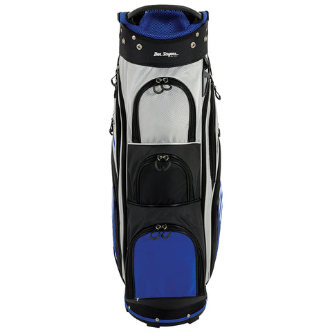 A golf bag stands upright showcasing multiple compartments for storing clubs and accessories the bag features a mix of black and blue materials with a mesh top for ventilation