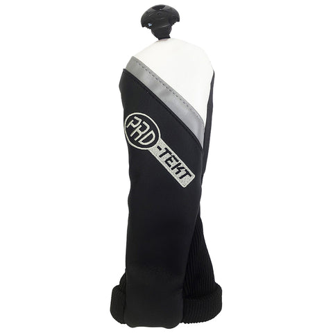 A black and white protective sleeve for a sports stick is displayed upright. It features a logo and a grip at the bottom, designed for comfort and support during use.