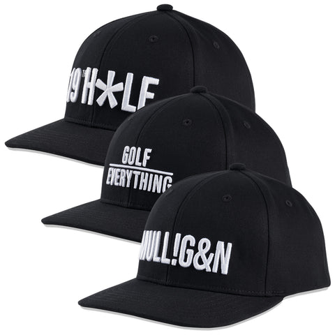 Three black baseball caps are stacked vertically featuring distinct white embroidered text on the front each displaying different phrases related to golf culture and lifestyle.