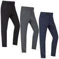 Three pairs of pants in black gray and navy are displayed standing side by side showcasing a modern fitted style with front pockets and flat front design on a neutral background