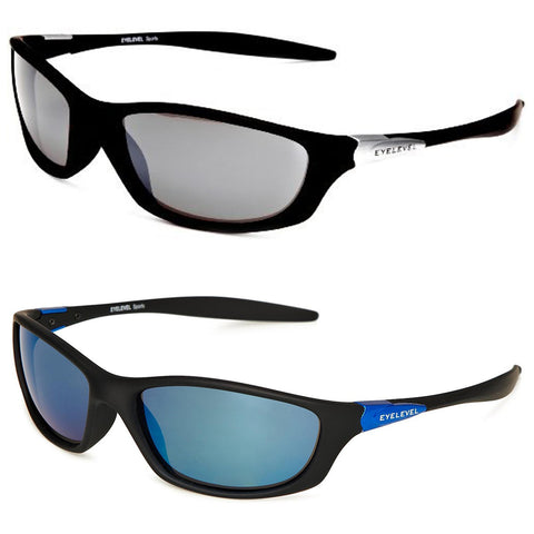 Two pairs of sports sunglasses are displayed side by side with one featuring dark lenses and the other with blue reflective lenses both designed with sleek black frames and the brand Eyelvel visible on the arms