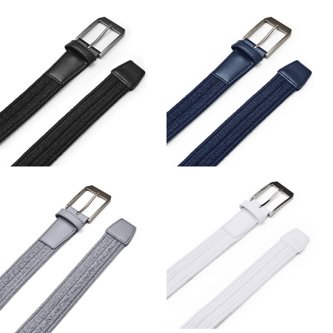 Four elastic belts in varying colors including black navy gray and white are arranged in sections showing their woven texture and metal buckles against a plain white background.