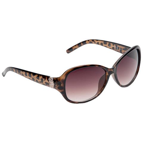 Sunglasses feature a leopard print frame with dark gradient lenses and a decorative element on the temples positioned against a neutral background suggesting a fashion accessory.