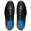 Two black athletic shoes are positioned above view with laces tied and synthetic material on display contrasting with blue insoles and white soles in a neutral background.