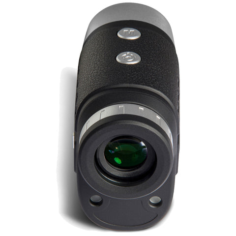 A black and silver monocular with a green lens is positioned upright featuring two buttons on top for operation in a plain background.