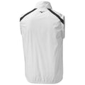 A white sleeveless vest is displayed with a high collar and black accents along the shoulder seams and back. The fabric appears smooth and lightweight, suitable for active wear.