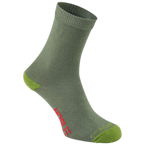 A green sock with a ribbed texture is standing upright showing its ankle length and contrasting green toe and heel areas with red text indicating the brand or logo on the side.