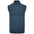 A sleeveless dark blue sweater with a high collar and a quarter-zip front features a textured upper section and a smooth lower section alongside a small logo on the chest.