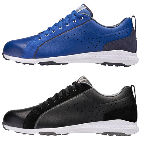 Blue and black athletic shoes are displayed side by side with white soles the blue shoe features suede and leather elements while the black shoe combines leather and suede detailing.