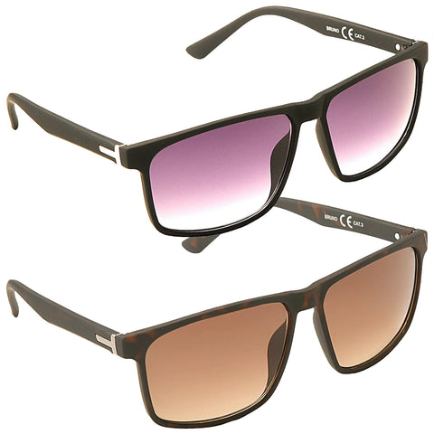 Two pairs of sunglasses are displayed. The top pair has a black frame with gradient purple lenses while the bottom pair has a tortoiseshell design with brown lenses.