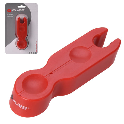 A red putting trainer is displayed on a product card. The object has two circular depressions for ball placement and a notch on top for improved alignment during golf practice.