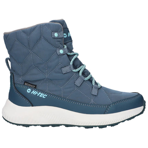 A dark blue waterproof boot features a quilted design with light blue accents and laces. It is designed for outdoor activities in wet or snowy conditions, showcasing a sturdy sole for traction.