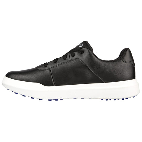 A black sneaker with a smooth leather upper is positioned sideways showcasing its rounded toe and white sole featuring small blue traction points designed for grip and stability.