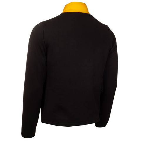 A black long-sleeve jacket with a yellow collar is displayed facing away from the viewer in a plain background, highlighting its simple design and color contrast.