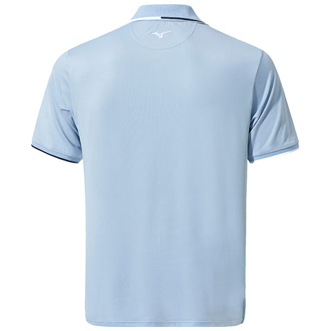 A light blue polo shirt is displayed backward revealing its smooth fabric and short sleeves with a white collar and detail along the sleeves, suggesting a sporty design and casual wear context.