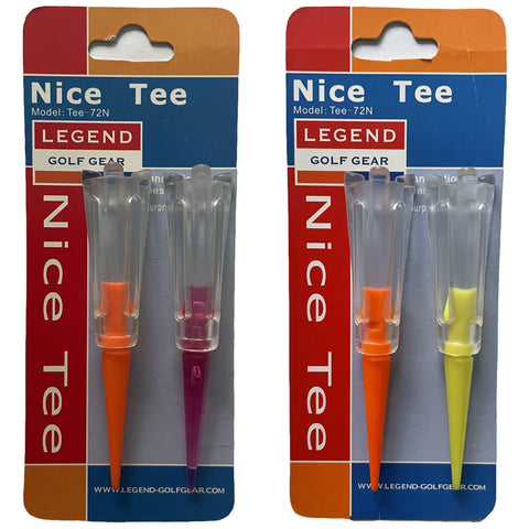 Legend Nice Tees Two golf tees are displayed, one orange and one purple on the left, one orange and one yellow on the right, all attached to a card labeled Nice Tee Legend Golf Gear.