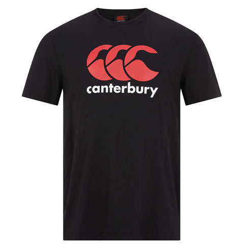 A black t-shirt prominently features three red stylized figures and the word "canterbury" in white beneath them, presented against a plain background, emphasizing the shirt's design and logo.