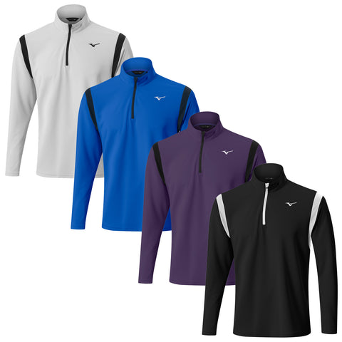 Four long-sleeve pullover shirts in different colors are arranged side by side showcasing a quarter zip design each featuring a logo on the chest set against a neutral background.