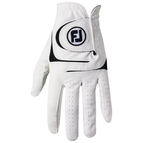 A white golf glove is positioned with the palm facing up displaying its smooth leather surface and ventilation holes on the fingers suitable for enhancing grip during play.